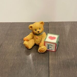Cherished Teddy Collectible Figurine Tan Teddy Bear with E Letter Block